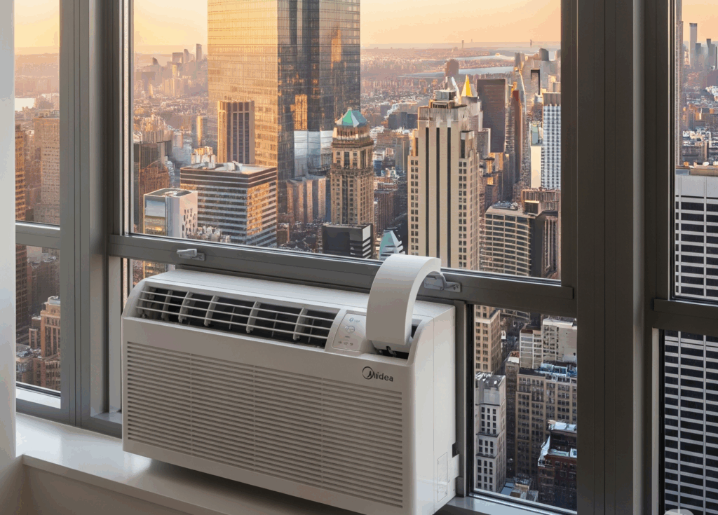 An image of an air conditioning unit over looking the sky line of New York City