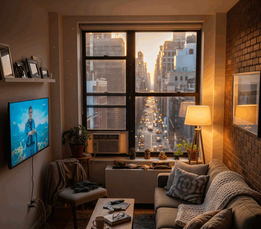 An image of a NYC apartment with a window AC unit and a mounted TV, for those looking for handyman services nyc