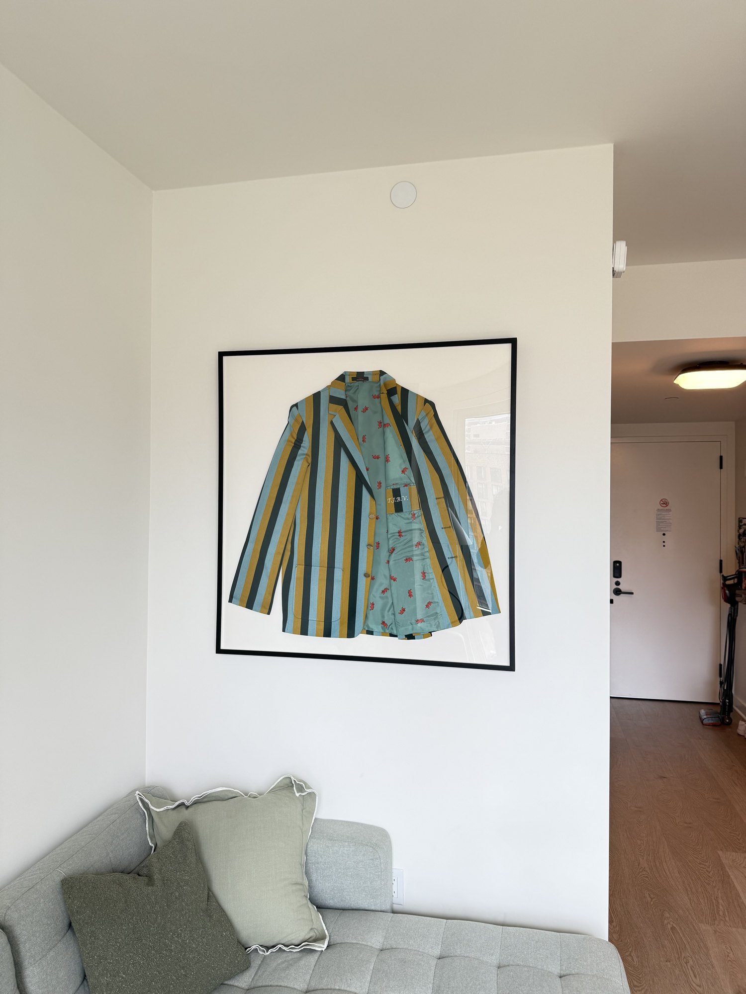 Framed jersey mounted on a living room wall